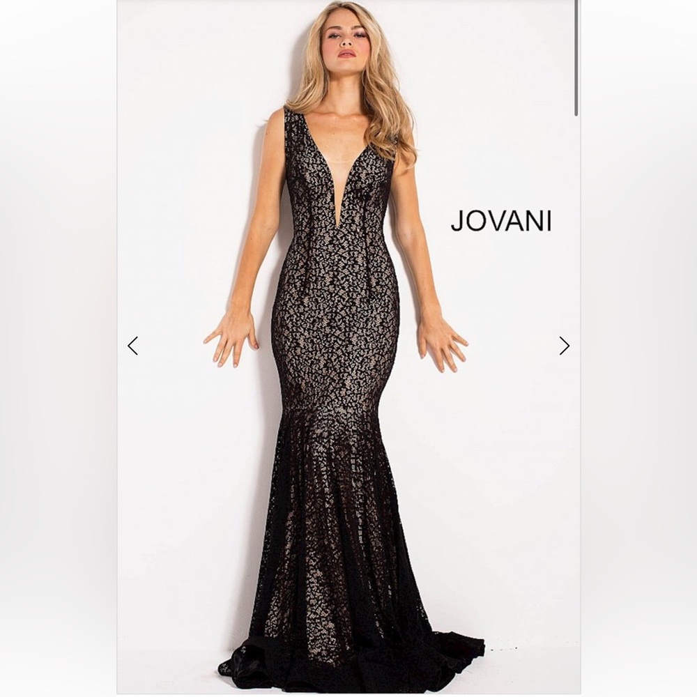 Jovani Black Lace Plunging Mermaid Prom Gown